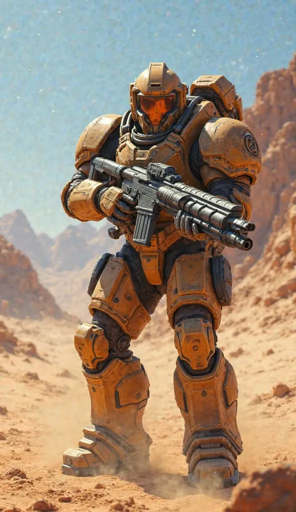 ((Hyperrealistic))((Photorealistic)) starcraft Solider in full gear with a heavy machinegun, sand masking colors, background is a desert battle field. 