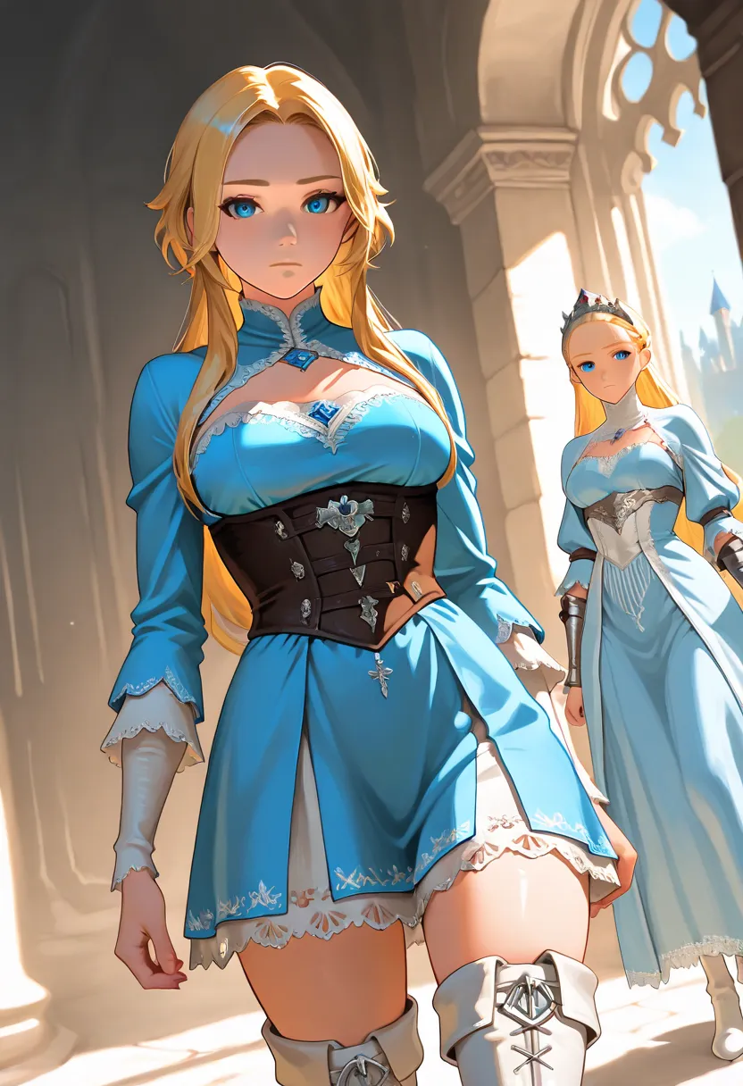 ZeldaSDXL, looking at viewer, medium breasts,, in a castle, medieval princess, white and blue dress, white boots, whte thigh boots, fantasy outtfit, elegant, dominant, confident, underbust with a humiliating face,, expressionless, dutch angle, cowboy shot,...