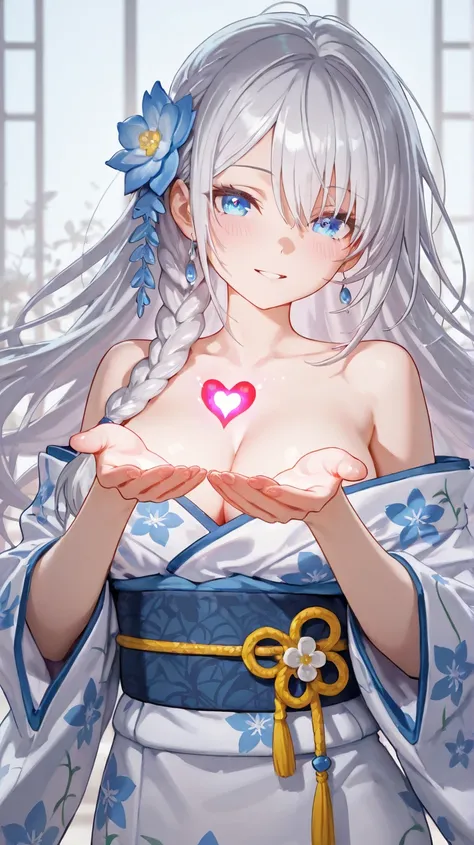 A breathtaking silver-haired woman with long, intricately braided hair, dressed in a delicate floral-patterned kimono. She holds a glowing heart gently in her hands, radiating warmth and affection. Her serene yet captivating gaze reflects the soft moonligh...