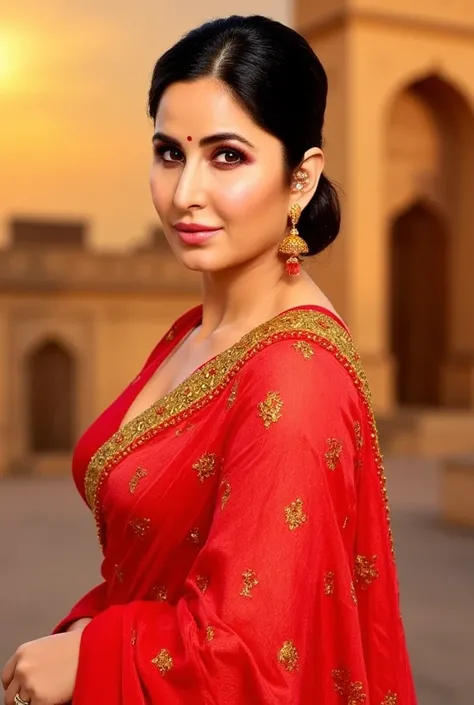 1. Traditional EleganceKatrina Kaif in a vibrant red Banarasi silk saree with gold zari work, styled with jhumka earrings and a maang tikka. Her hair is swept into a sleek bun, emphasizing her sharp jawline and glowing makeup (soft smokey eyes, red bindi)....