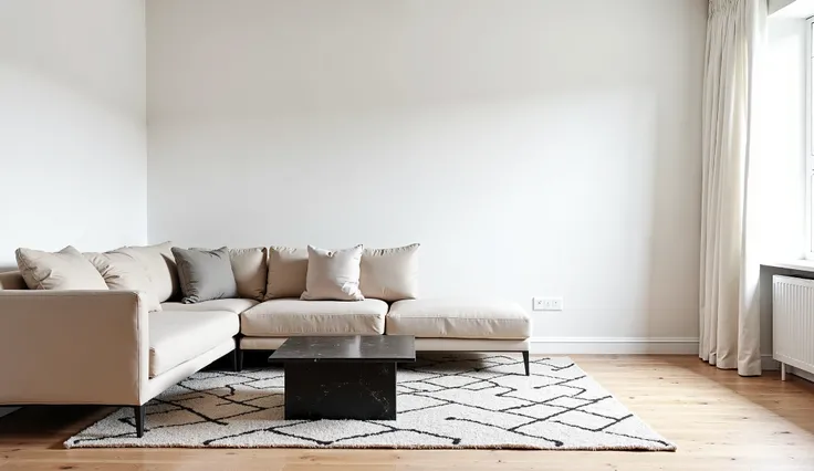 A cozy yet modern Scandinavian-inspired living room with white walls, pale oak floors, and simple geometric patterns. A beige sectional sofa sits against one wall, paired with a low-profile black marble coffee table. Include an empty spot for a statement r...