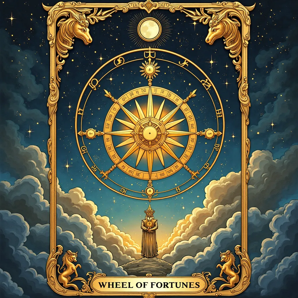 A beautifully illustrated Tarot card with the Wheel of Fortune in the center, surrounded by zodiac symbols and four mystical creatures in the corners. The wheel rotates with a golden glow, while a mystical sky with clouds and stars decorates the background...