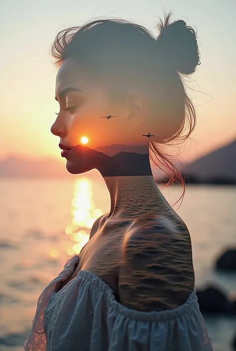  High quality, 8K ultra HD, Una hermosa  double exposure que combina una silueta de diosa con la costa al atardecer,  the coast at dusk should serve as a backdrop,  with its details incorporated in the goddess, sharp lines, The background is monochrome,  s...