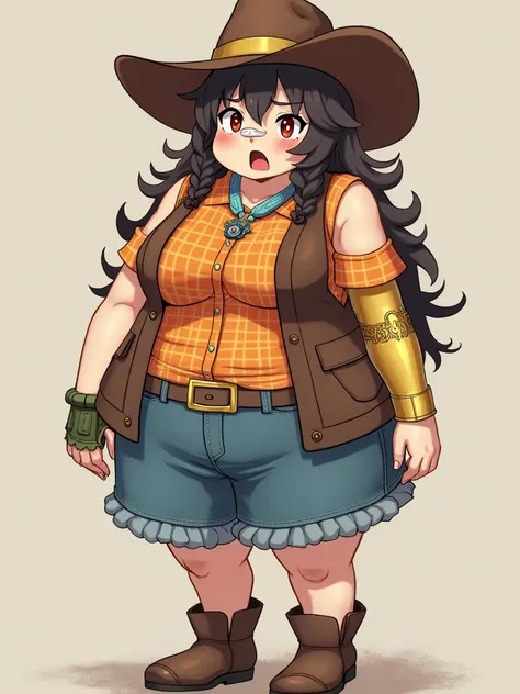 anime obese busty tomboy brown cowgirl hat rough brown long hair right eye covered by red orange yellow highlights green left eye band aid on nose blue fire charm necklace with ruby brown sleeveless western vest orange plaid short sleeve shirt gold robotic...