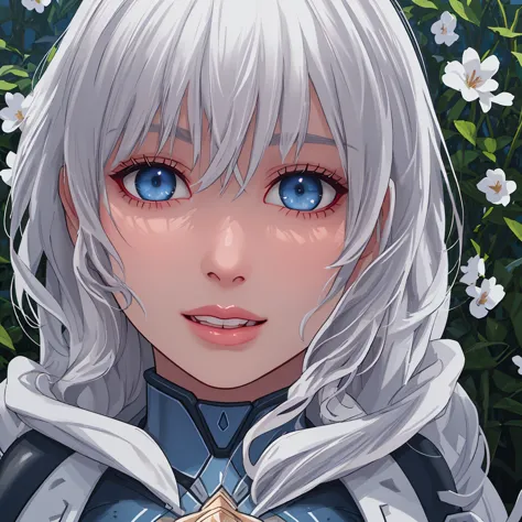 A girl, white hair, blue eyes, magic suit, Excited lust