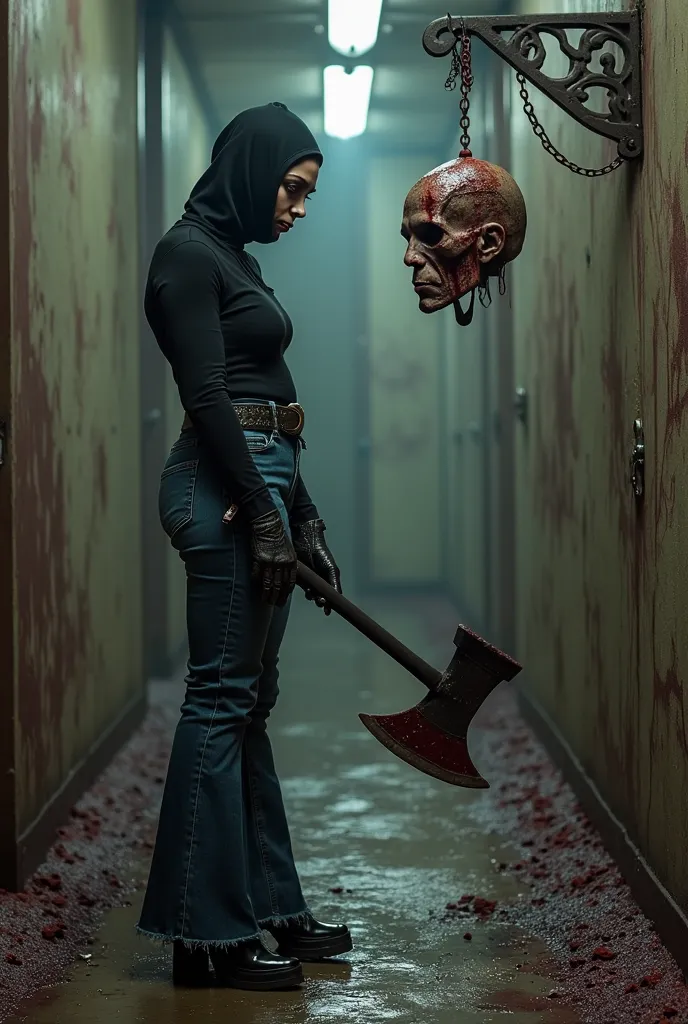 black creepy full face balaclava curvy female wear long dark blue mermaid bell bottom jeans huge belt high platform heels holds large bloody axe stands face to face with a man head was found in a slaughterhouse, beheaded and hung on a hook