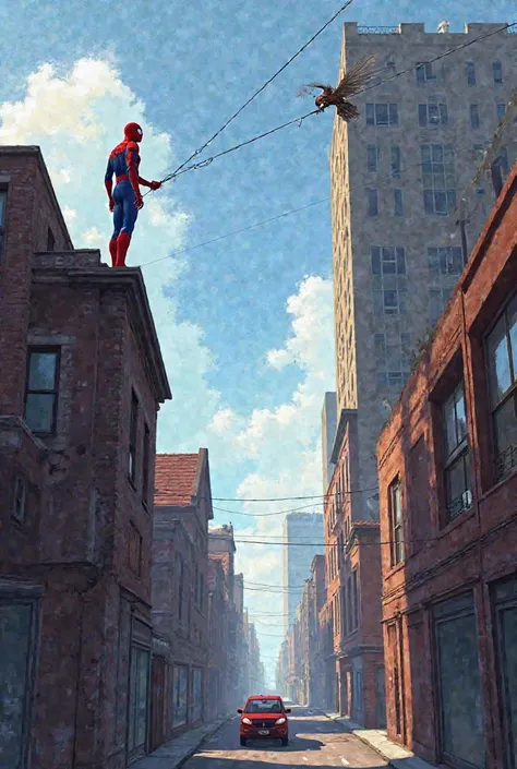 The position of spiderman is standing on the top of the house on the left side while shooting his web to the top of the building on the right side and shooting his web also to the car at the outside of the tall building 