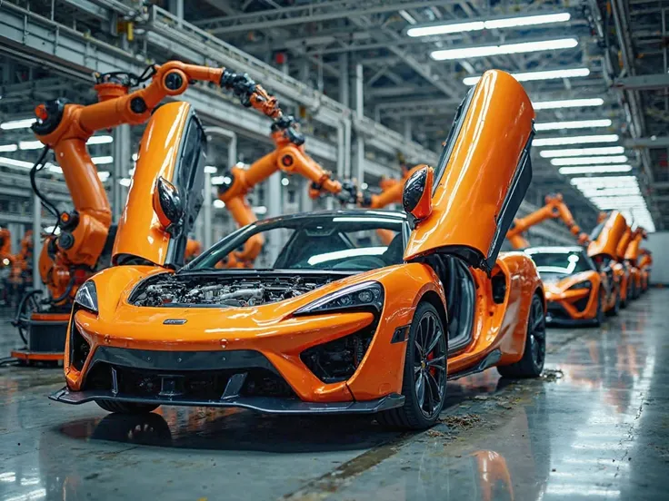 "A high-tech automotive assembly line featuring an orange sports car in the process of being manufactured. The car's doors, hood, and trunk are open, revealing an incomplete interior and exposed mechanical components. Multiple robotic arms, painted in indu...