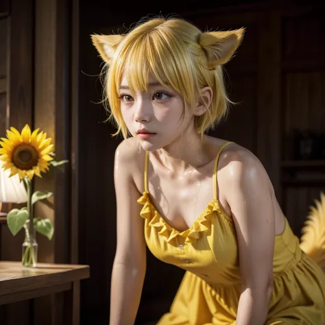   high resolution   ,    Look at the audience  , 亚洲   girl，   girl， unique ， Yellow Hair ，   short hair， yellow pupils ，Hair dripping ，Wet hair， blush，Yellow dog ears   ， Drop ears朵 ，黄色Dog Tail ，绒毛Dog Tail，Drop ears ，微胖的 girl, sunflower, small chest(b), su...