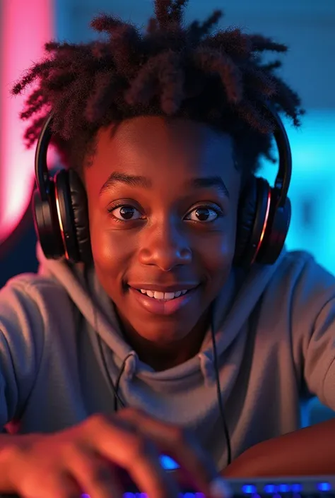 A black person with gamer headphones