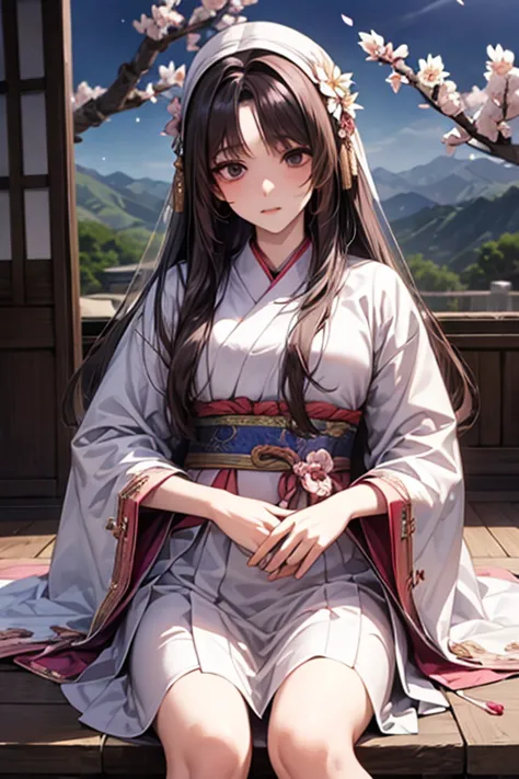 (((gfsowon))), black long hair, black eyes, (((Korean traditional clothing)),)hanbok, surpassing,  best aesthetic , new, recent, best quality,  masterpiece, Free Sex),  masterpiece,  1girl , Solo, sky, flower, 벚flower, Plum Blossom , lily