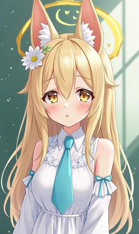 1 girl, (blue archive:1.1), 
, 
  animal ears, Alone, blond hair,  halo,  long hair, Watch Viewers,  fox ears, animal earfuzz,  dress,  tie, white  dress, amount, closed her mouth, hair ornaments close to the garden, yellow  halo,  upper body,  Hair Flower...