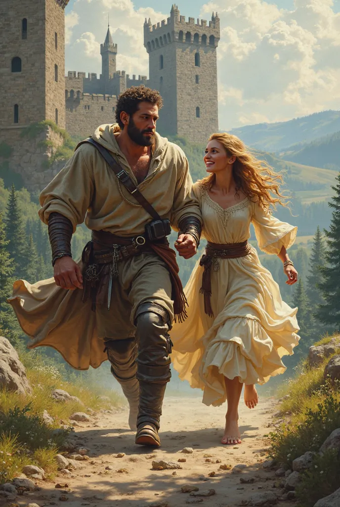 a high medieval southeast unarmored guy saving princess holding hands looking at each other while running away