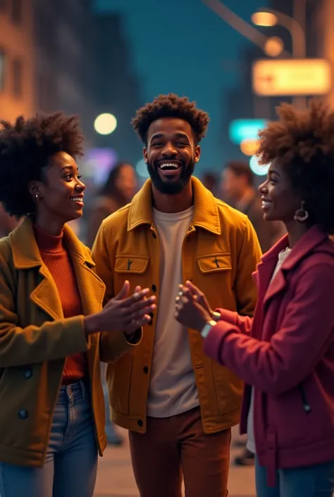 Young black man , Who goes for a walk with lots of friends at night, who is chatting with his friends, Which is very funny, well groomed 