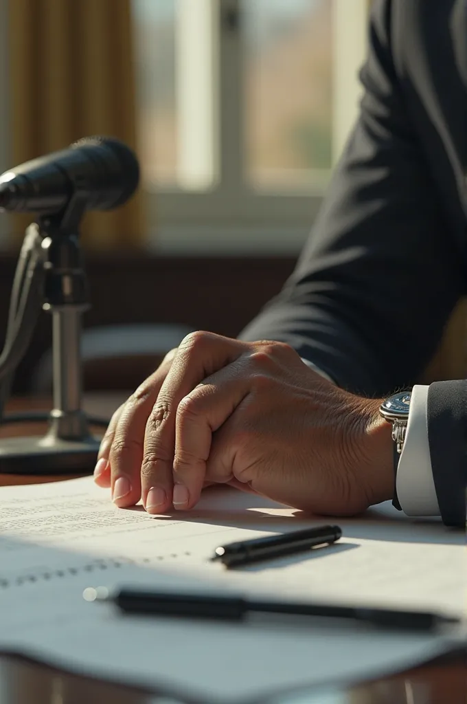 "An ultra-realistic image of Rajat Arora's hand resting on a table in a well-lit room. He is seated at the table, with a microphone and papers in front of him. Capture the intricate details of his hand, including skin texture, wrinkles, and fingernails. Th...