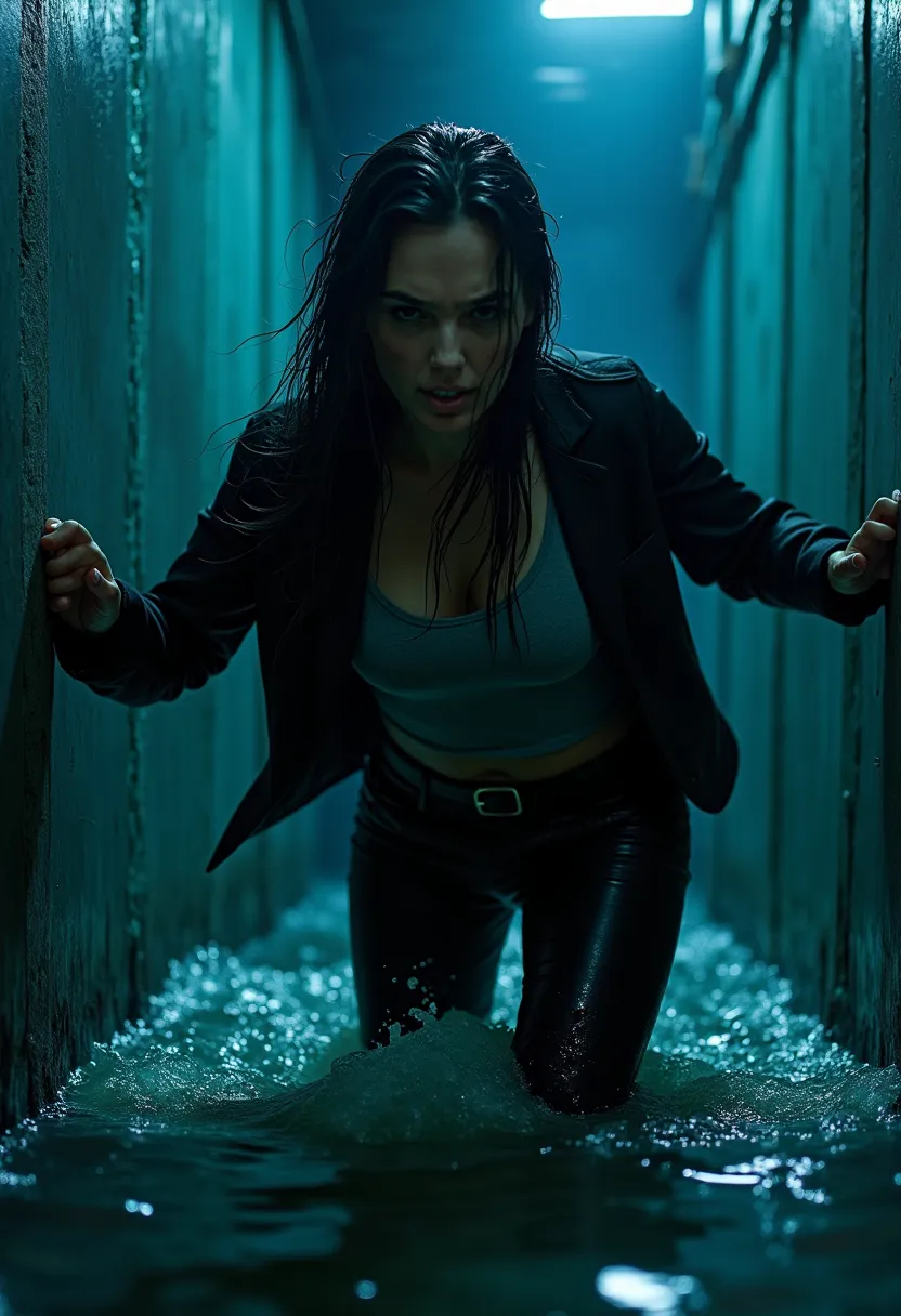 A close-up view of a drenched woman struggling in rising floodwater inside a dark, industrial-style room. Her black pants cling tightly to her legs, soaked and heavy. Her grey tank, now wet and translucent, sticks to her body, revealing the shivering outli...