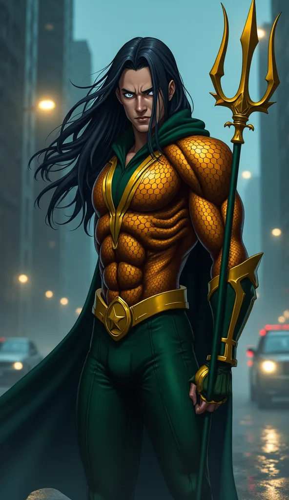 Create a detailed anime-style illustration of Hyuga Neji wearing Aquaman's costume, featuring his long black hair and white eyes. He is dressed in Aquaman's iconic yellow and green suit, holding a trident with three sharp points. The background is set on a...