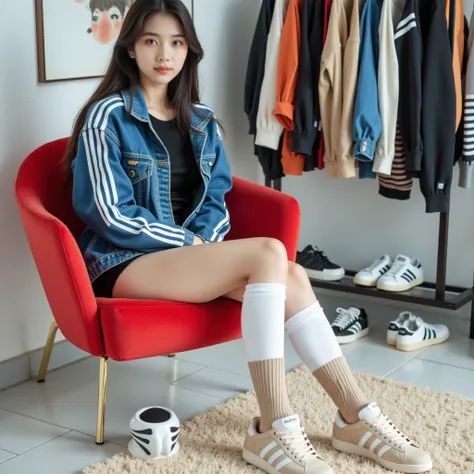 A young asian woman reclines on a red chair positioned on the left side of the image, leaning back casually. She wears a denim blue Adidas jacket with three white stripes on the sleeves and a small Adidas logo on the left chest. The jacket features a front...