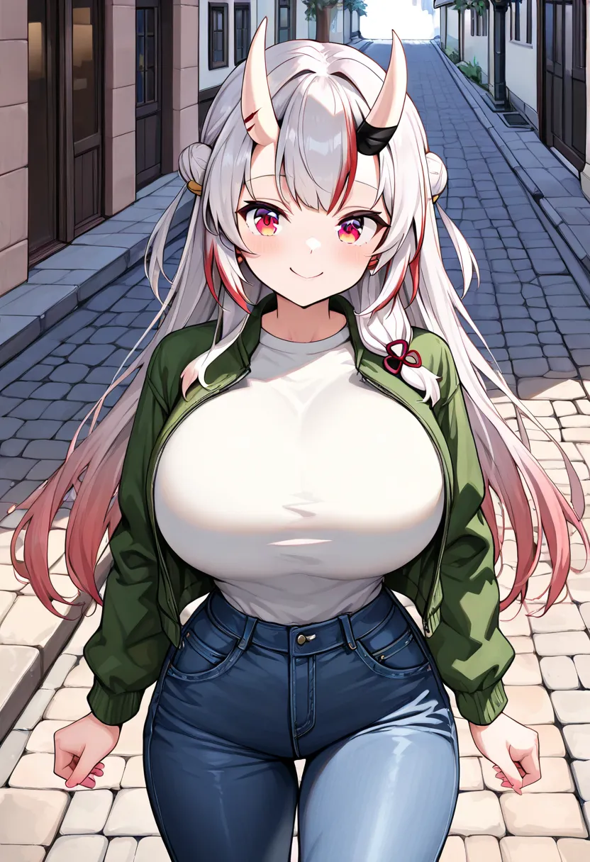 (TOP QUALITY , 8k , masterpiece , incredibly absurdres , perfect body , super detailed skin , highly detailed eyes and face , 1 woman ) ,  nakiri ayame , Silver Hair , red eyes , demon horn , smile ,  will be happy , ( Casual Chic Style , Perfectly Fitted ...