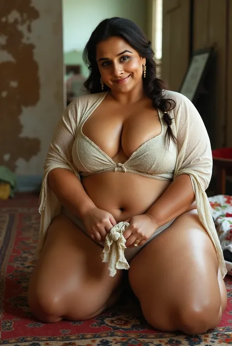 Realistic indian plus size bollywood actress Vidya Balan washing clothes. Exposing her massive gigantic thighs and thick fat calves. Her blouse is very low exposing her massive breast and huge clevage. Her long ruffled hair tied in a braid. She is looking ...