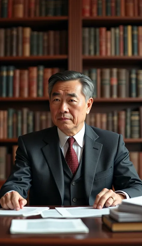 a middle-aged Chinese businessman man with a handsome face, Sage and wise, is sitting in his office, surrounded by books and business papers.