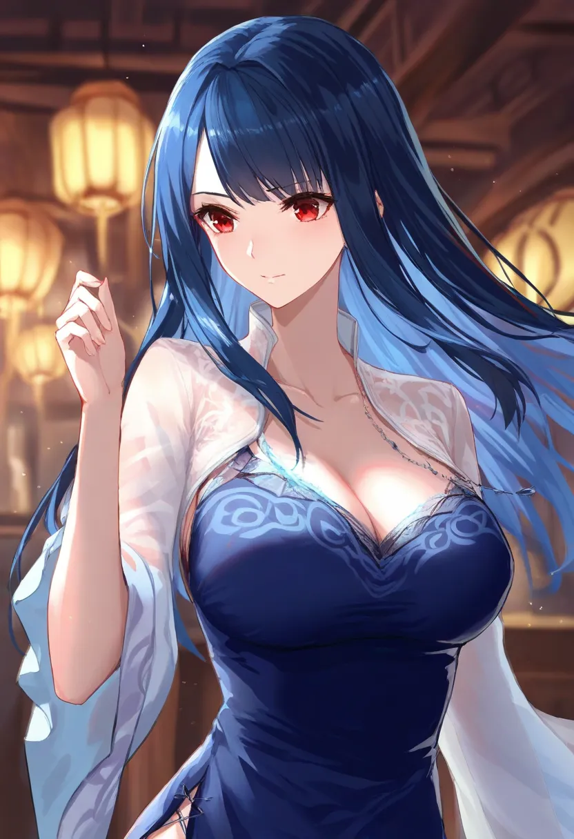  masterpiece,  top quality,  great quality, Very aesthetic , very high resolution,1 female, alone, white good, large chest, violet hair,  severed,  blurry background, medium length hair, multicolored hair, collarbone, frayed bangs ,red eyes, The artwork ca...