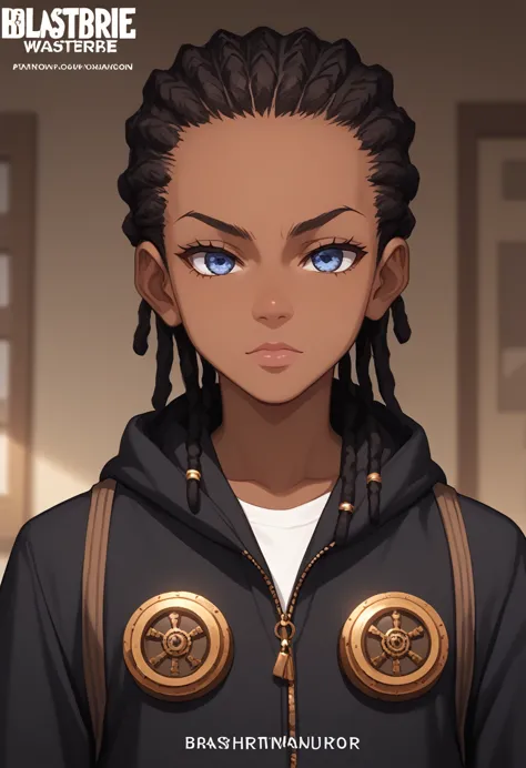 (masterpiece, top quality, best quality,official art, beautiful and aesthetic:1.2), (((black dreads:0.75,light brown:0.5)))),anime drawing of an dark skin person with a black dreadlocks and a white shirt, wearing black hoodie with an gears logo on it, stea...