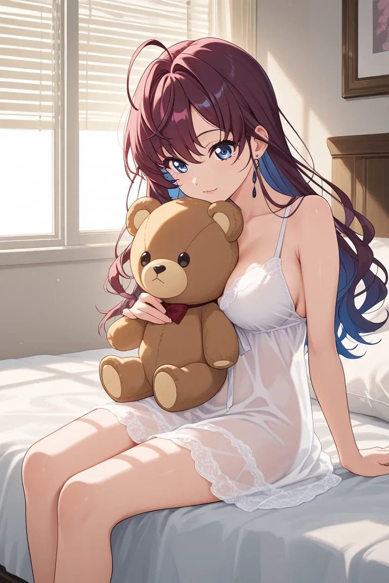  Ichinose Shiki 、see-through、Big Breasts、I'm holding a stuffed bear、is on the bed