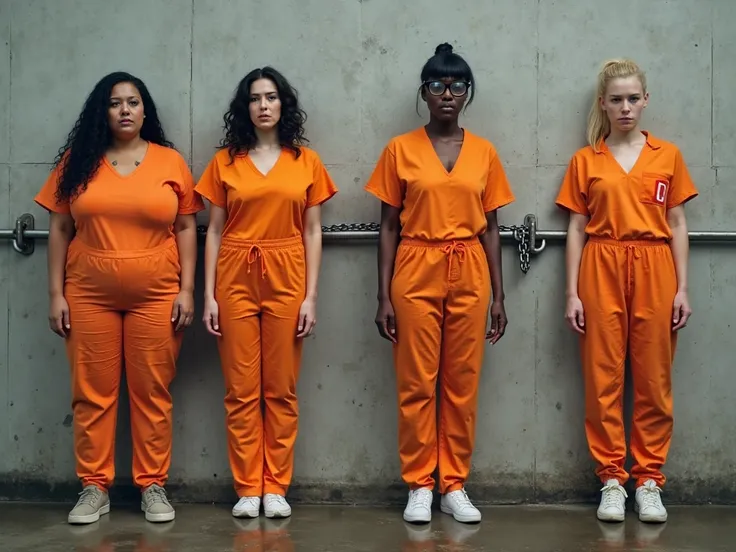 Four female inmates are lined up on a grey concrete wall facing forward, all wearing skintight orange prisoner jumpsuits with a tank top underneath as well as slip-on shoes and a large puddle is underneath them. They have a chain around their waists which ...