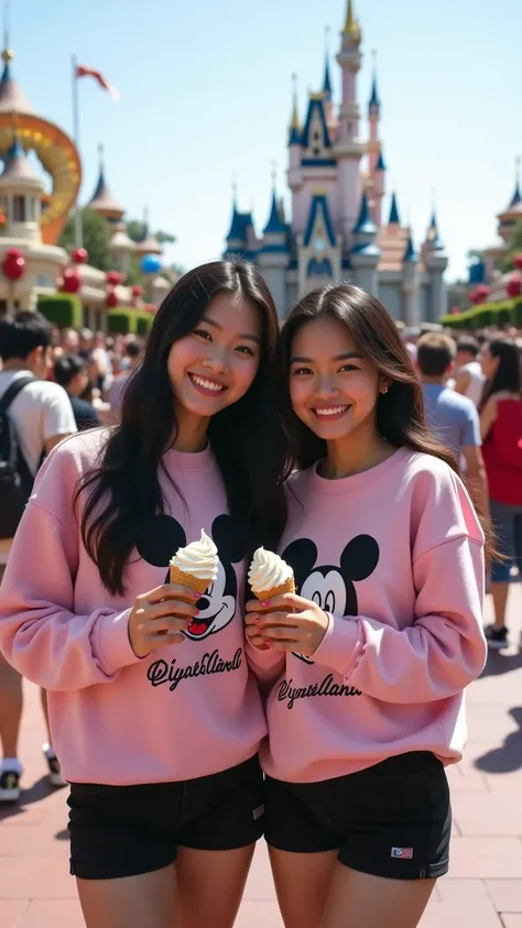 A stunning young Korean woman with long, silky black hair and a slim, curvy physique is at Disneyland with her blonde best friend. They are both incredibly happy, smiling brightly as they take photos with Mickey Mouse. They are enjoying delicious ice cream...