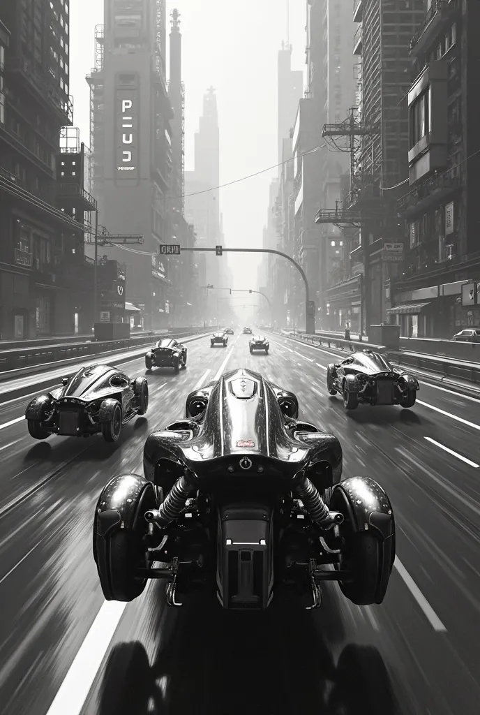  black white , concept art stil, cyberpunk highway, moving cyber motorcycles and cars 