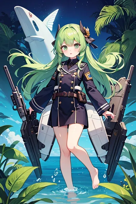 Female character personifying a submarine。 long green hair 。Uniforms decorated in the image of nature。Wear accessories that imitate aquatic plants。That uniform is in the shape of a suit that sticks tightly to the skin all the way to the toes。I have 2 torpe...