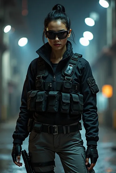 A tactical and action-ready Indonesian woman named Kirana, the leader of an elite covert team. She wears a black matte tactical jacket made of lightweight Kevlar, gray cargo pants with multiple utility pockets, and black military boots. Her black hair is t...