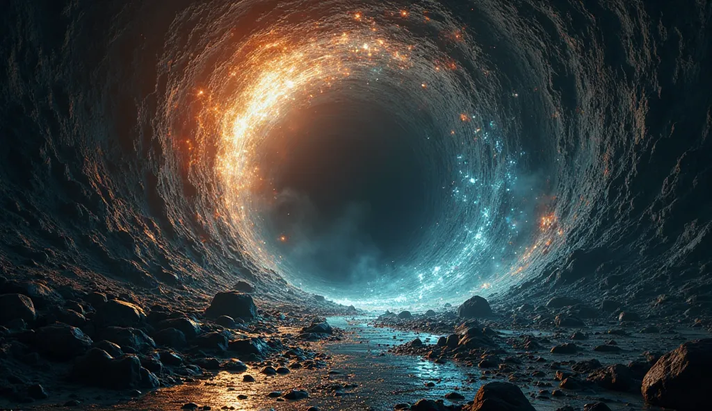 A surreal view inside a black hole, with space twisted and chaotic. A glowing tunnel of distorted light leads to an unknown destination. The environment is dark with flashes of energy and strange, otherworldly patterns. Reality seems to collapse into a sin...