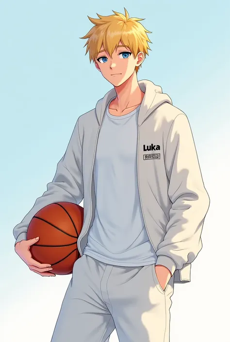 A 23-year-old boy with blond blue eyes white jacket white jacket white T-shirt white pants basketball is called Luka 