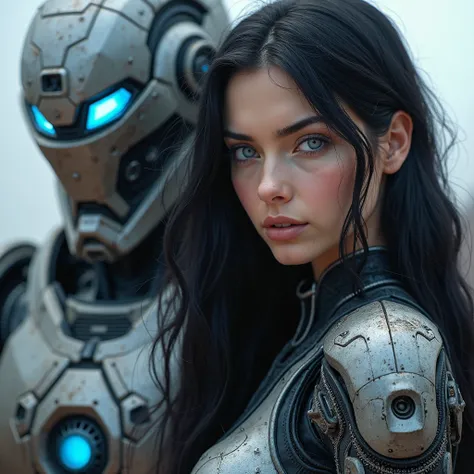 Beautiful American woman with long black hair, blue eyes and white skin. Next to him is a battle titanfall robot titan .He is dressed in a technological suit. There is a robotic light behind the left auricle. sci-fi fantasy hero poster.