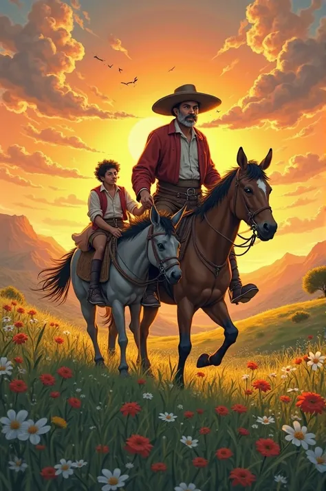 Don Quixote de la Mancha with Sancho Belly riding backwards on a meadow heading for sunset