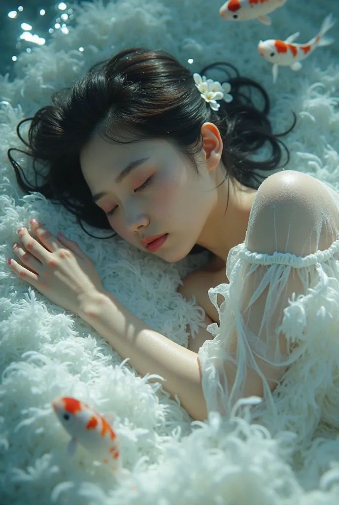 close up, aerial view, magic, underwater, graceful girl from diamond silkscreen, porcelain skin, transparency, ephemerality, delicate lines, horor, quick sketch, girl sleeping on feather bed, koi fish swimming nearby, cinematic, high detail, 8k, surreal fa...