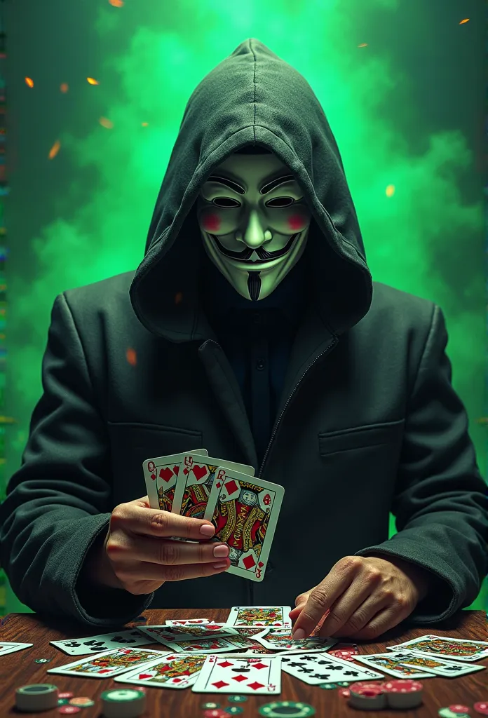 A photo of a vibrant and colorful casino-themed digital artwork. There is a mysterious character wearing the iconic Guy Fawkes mask and a black hood, conveying an air of anonymity and mystery. The character holds classic casino elements such as cards.  The...