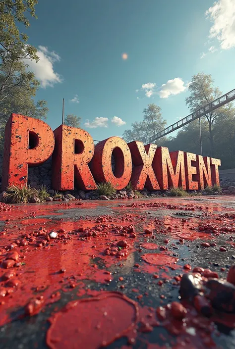 realistic image quality, with paintball background. In the middle the letters  " P R O X I M E N T " in capital letters. Paintball background on a field