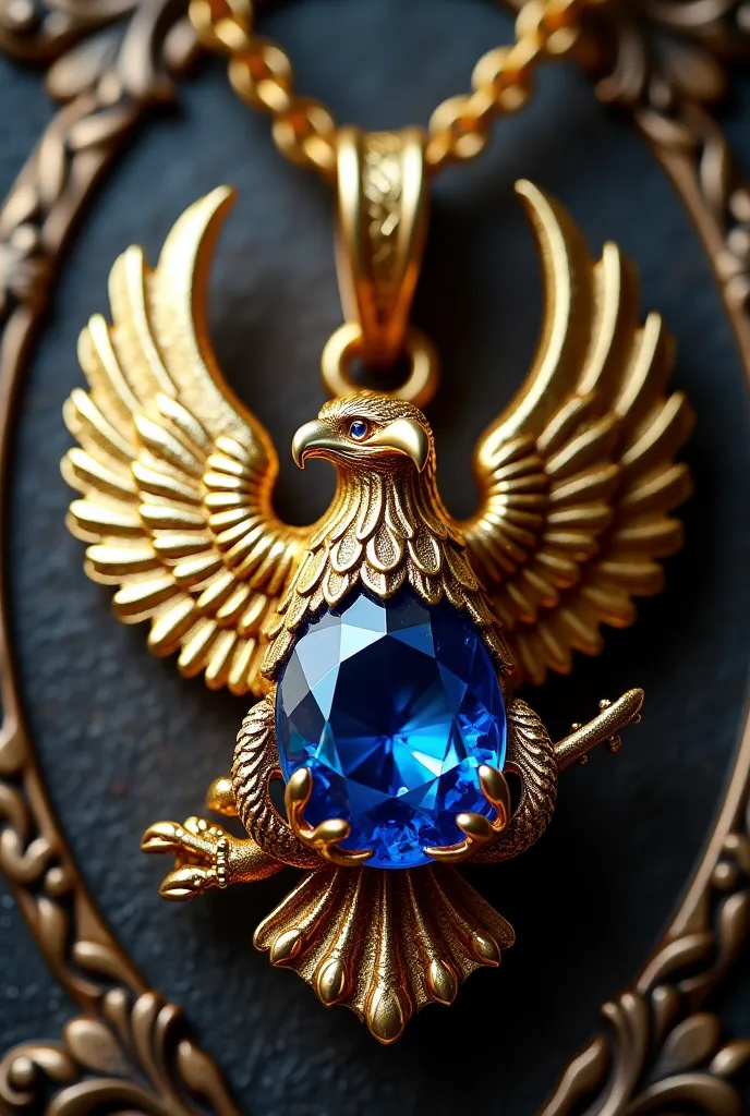 Generate a gold pendant it should be a eagle  holding a blue saphaire