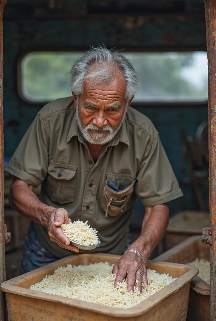 Photo A 50-year-old Thai man handing out rice at a gas station in the back of a shack truck, with people in a row picking up the rice