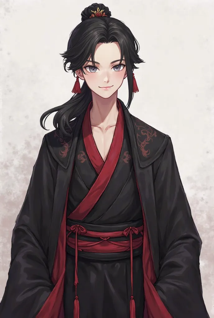 A Chinese-looking guy with a soft smile, almond-shaped gray-violet eyes, pale skin, and long black hair. The hair is divided into two parts: the front part falls freely on the sides of the face, and the back is gathered into a low ponytail, which is secure...