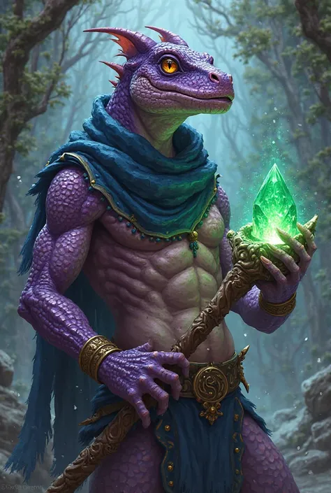 A young strong purple lizardman with dark blue scarf and staff  2d artstyle holding a green crystal 