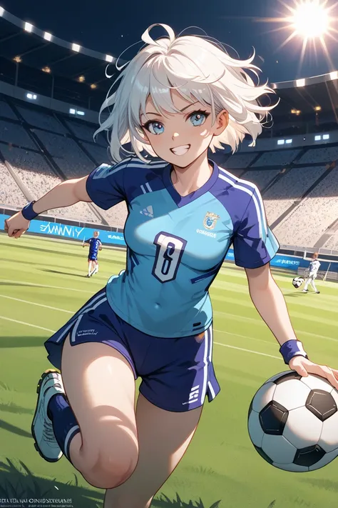 White-haired girl with short cut hairstyle playing soccer