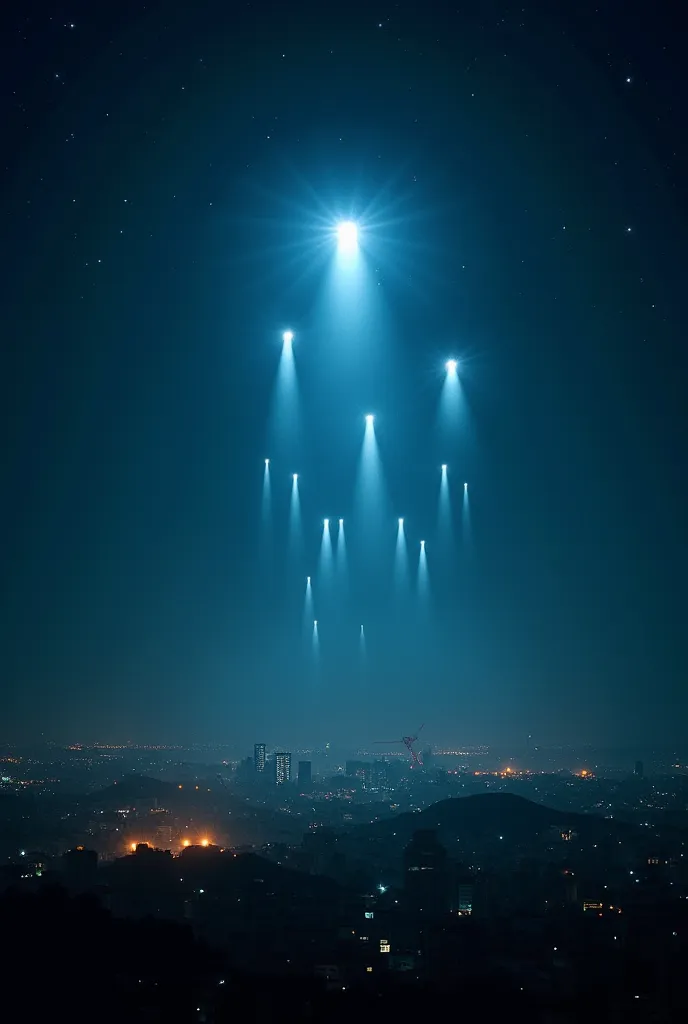 Mysterious Lights in the Brazilian Sky”
Description: Starry sky over a Brazilian city at night, with bright lights flying in a. Some move slowly, others flash and disappear.

"An aerial view of a Brazilian city at night, formation with illuminated building...