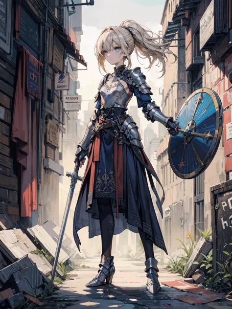  best quality、  Unity 8K Wallpaper、32K、masterpiece、 Very detailed、  ultra high resolution、 Very detailedな顔、 RAW photo、professional、Ultra-detailed paintings、Female Knight、 blue eyes、Blonde、 long ponytail holding a spear、 blue dress 、Silver Armor、Shoulder re...