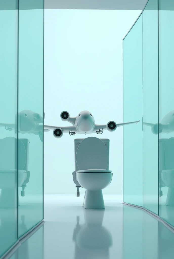 The plane poops on the toilet against the background of glass panels 