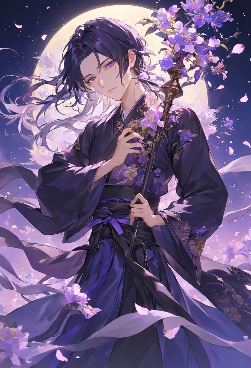 "A serene yet mysterious atmosphere envelops him. His appearance is youthful and elegant, with pale skin and long, flowing hair as dark as ebony. He wears a traditional hanbok-style outfit, but in deep, enigmatic shades of violet and navy blue, adorned wit...