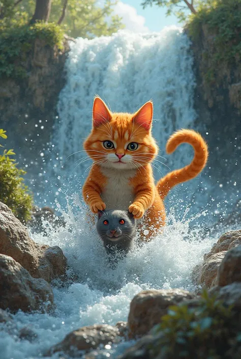 An orange cat rescuing a rat trapped in a waterfall using his tail